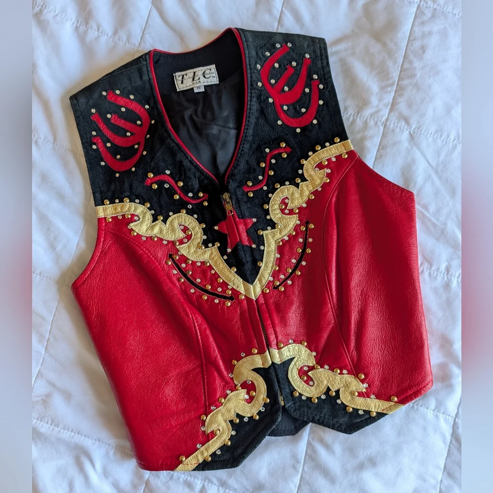TLC Leather Collection Red Black & Gold Horsemanship Show Studded Rhine Vest - Picture 1 of 10